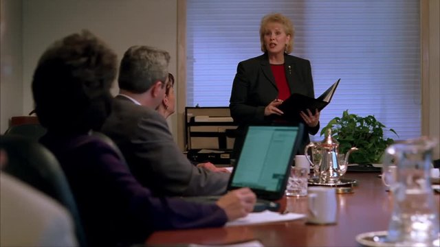 Business woman speaking to other professionals seated at conference table