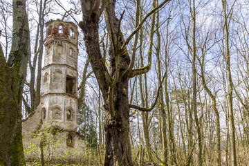 Kirchturmruine zwischen Bäumen