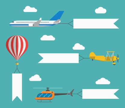 Flat vector airplane, helicopter, biplane and hot air balloon with flying advertising banners. Template for text. Concept for web banners, promotional and printed material
