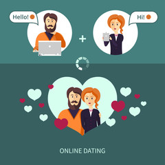 Vector illustration on the theme of on-line dating. The couple, who met on a dating site. Red-haired woman and a bearded man in a frame in the form heart.