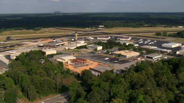 Wide aerial view of DeKalb Peachtree Airport near Atlanta, Georgia. Shot in 2007.
