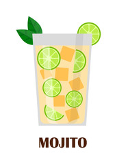 Mojito cocktail in glass isolated on white background. Mohito water splash, peppermint drink. Lemon rum green drink alcohol mohito. Vector freshness beverage citrus cocktail lime drink.