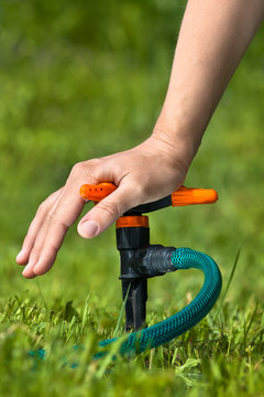 hand installing sprinkler for irrigation