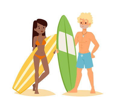 Large collection of vector surfing people. Surfing people surfer woman, water sports. Sunny beach water hobby surfing people summer vacation lifestyle. Tropical waves teenager leisure.