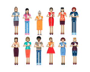 illustration isolated set of European, African-American women with smartphone in hands