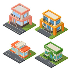 Vector isometric buildings set. Convenience store supermarket isometric building. Warehouse, beauty salon, fitness center isometric buildings design. Urban business construction design set.