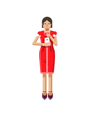 illustration isolated of European woman with dark hair, red dress, high heels shoes, smartphone in hand