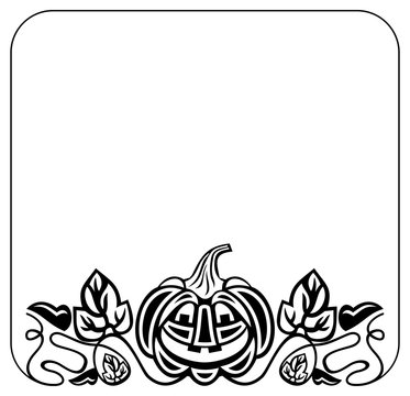Black and white round frame with Halloween pumpkin silhouette. Vector clip art.