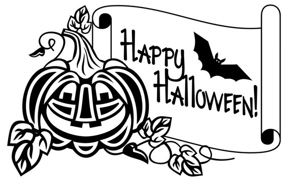 Outline paper scroll with Halloween pumpkin and text "Happy Halloween!" Vector clip art.