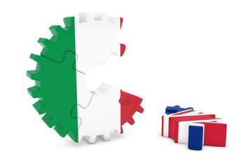 Italy and United Kingdom Relations Concept 3D Cog Flag Puzzle Illustration