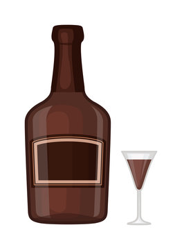 Full whiskey bottle ice aroma shot drink. Vector whiskey bottle and short glass brown drink. Brown whiskey bottle beverage liquor bar cognac amber, drunk ireland flavor. Taste screw scottish cocktail.