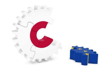 Japan and Europe Relations Concept 3D Cog Flag Puzzle Illustration