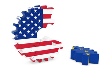 United States and Europe Relations Concept 3D Cog Flag Puzzle Illustration