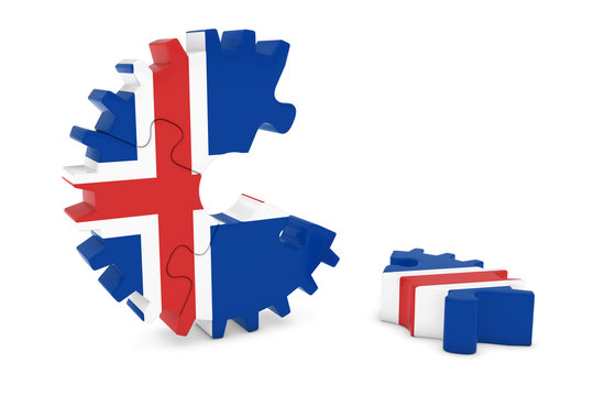 Icelandic Flag Gear Puzzle with Piece on Floor 3D Illustration