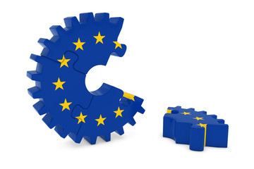 European Flag Gear Puzzle with Piece on Floor 3D Illustration