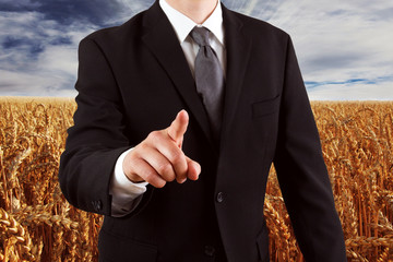 Business man pointing finger at you, cornfield with rising sun background