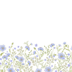 Horizontal seamless border with cute little flowers and herbs. Vector illustration.