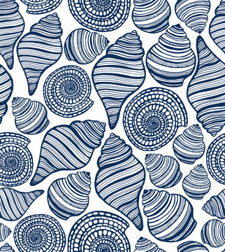 vector hand-drawn seamless background with seashells