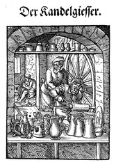 The pewter jars maker workshop, XVI century engraving