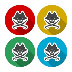 Pirate skull icons set with long shadow