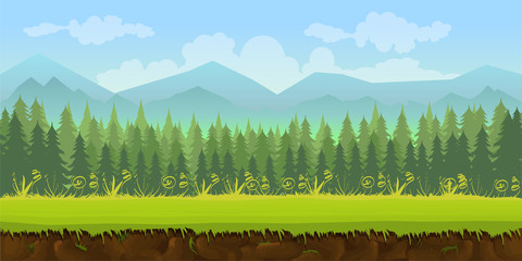 forest game background 2d application. Vector design. Tileable horizontally. Size 1024x512. Ready for parallax effect