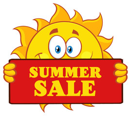 Cute Sun Cartoon Mascot Character Holding A Sign With Text Summer Sale