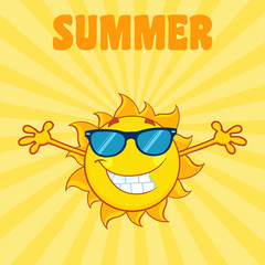Smiling Sun Cartoon Mascot Character With Sunglasses And Open Arms