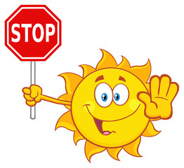 Cute Sun Cartoon Mascot Character Gesturing And Holding A Stop Sign