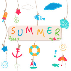 Summer holidays. Hanging summer beach products and blank photo. Sea shells, anchor, fish, ice cream and starfish on the beach vector