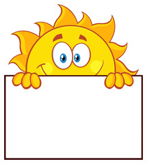 Cheerful Sun Cartoon Mascot Character Over A Sign Blank Board