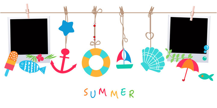 Summer holidays. Hanging summer beach products and blank photo. Sea shells, anchor, fish, ice cream and starfish on the beach vector illustration