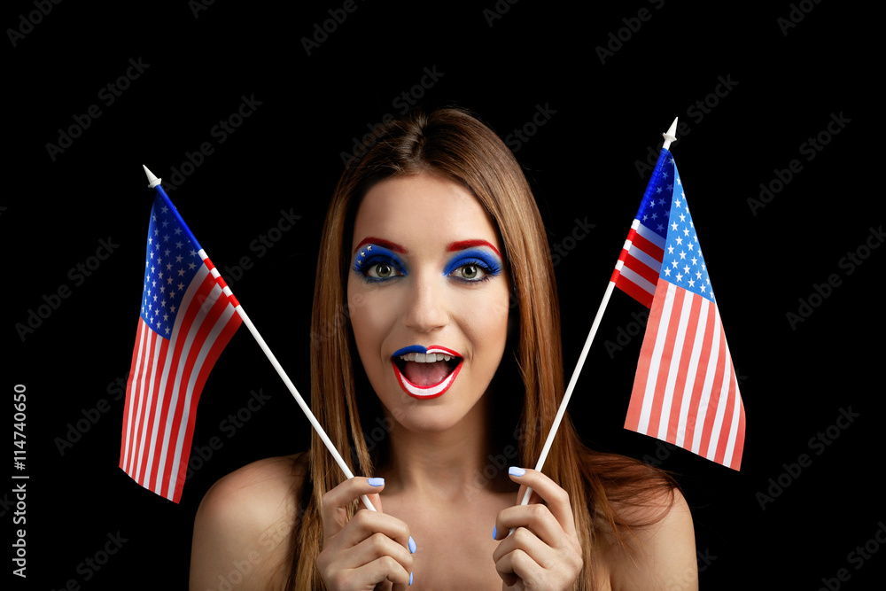 Wall mural Portrait of beautiful girl with USA makeup and flags