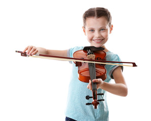 Little girl playing violin, isolated on white