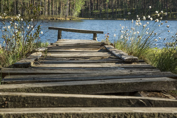 Fototapeta premium the old wooden footbridge at the lake