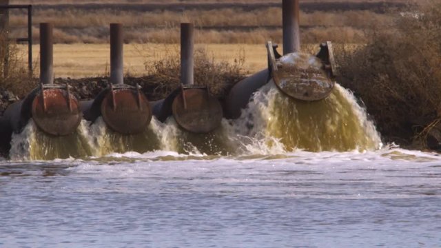 Pipes discharging greenish water into Tule Lake
