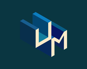 UM isometric 3D letter logo. three-dimensional stock vector alphabet font typography design.