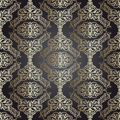 Vector vintage damask seamless pattern background. Elegant luxury texture for wallpapers, backgrounds and page fill. Golden elements with shadows and highlights. Paper cut.