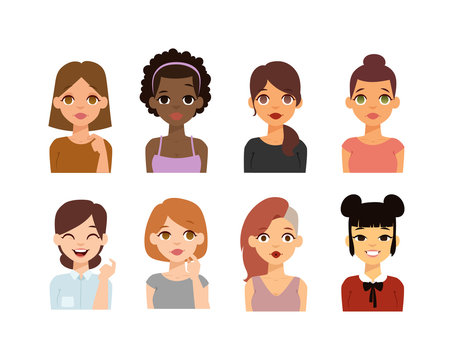 Girl emotion faces cartoon vector illustration. Woman emoji face icons and woman emoji face cute symbols. Woman emoji face happy vector and woman emoji face character symbols. Human expression sign.