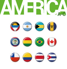 Set of 12 bottle cap flags of America (A-C). Set 1 of 3. Vector Illustration. Antigua and Barbuda, Argentina, Bahamas, Barbados, Belize, Bolivia, Brazil, Canada, Chile, Colombia, Costa Rica, Cuba.