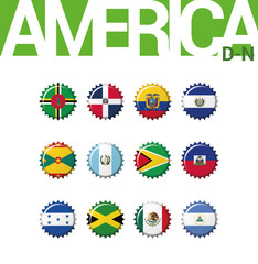 Set of 12 bottle cap flags of America (D-N). Set 2 of 3. Vector Illustration. Dominica, Dominican Rep, Ecuador, El Salvador, Grenada, Guatemala, Guyana, Haiti, Honduras, Jamaica, Mexico, Nicaragua.