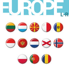 Vector set of 13 bottle cap flags of Europe (L-R). Set 3 of 4. Lithuania, Luxembourg, Macedonia, Malta, Moldova, Monaco, Montenegro, Netherlands, North Ireland, Norway, Poland, Portugal, Romania.