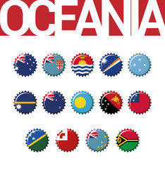 Vector set of 14 bottle cap flags of Oceania. Australia, Fiji, Kiribati, Marshall Islands, Micronesia, Nauru, New Zealand, Palau, Papua New Guinea, Samoa, Solomon Islands, Tonga, Tuvalu, Vanuatu