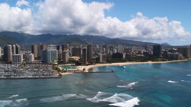 Past Waikiki Beach and waterfront toward Diamond Head, Honolulu. Shot in 2010.