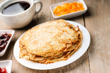 Pancakes, jam and coffee