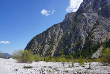 Beautiful rockfall valley of Wimbachgries with blue sky backgrou