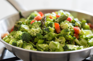 Colorful stir-fry vegetables and chicken in a pan on the stove