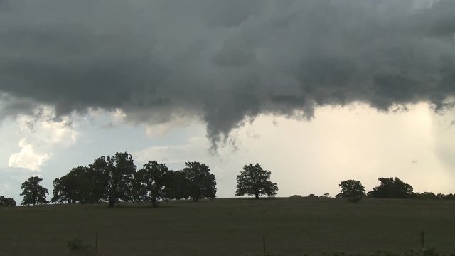 Zoom-in on a ragged gray cloud above trees in a rural field