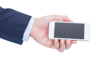 Businessman hand holding mobile phone isolated on white backgrou