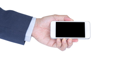 Businessman hand holding mobile phone isolated on white backgrou