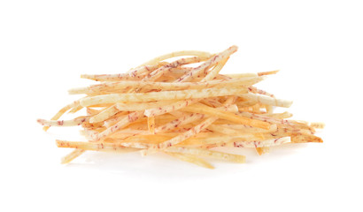 Fried sliced taro stick on white background